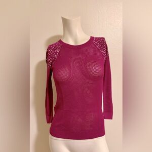Express Red 3/4 Sleeve Fitted Embellished Blouse , size :XS